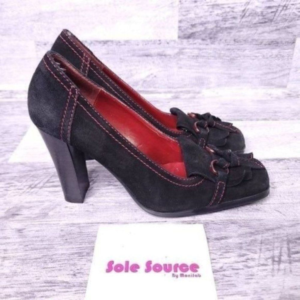 Anne Klein Sport Suede Tassel Heeled Loafer Pump Black Red Women's sz 6